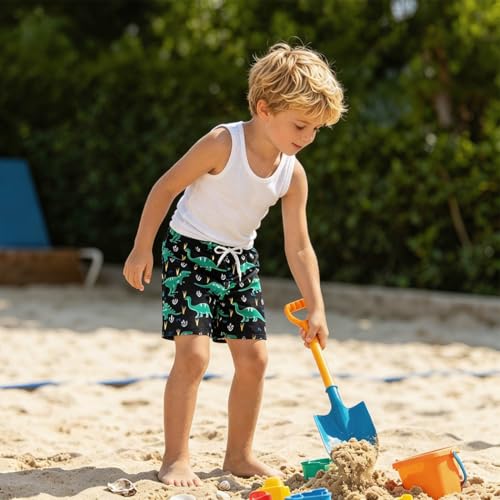 Boys Swim Trunks Quick Dry Board Shorts - Yellow Flower Black Dinosaur, 7-8 Years