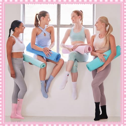 Cute Non-Slip Pilates Grippy Socks for Women - 4 Pairs, Black+White+Blue+Pink