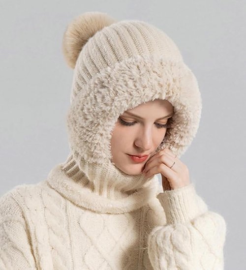 3 in 1 Beanie Hat for Women, 3 in 1 Beanie Hat with Scarf and Mask,Warm Winter Pom Hat for Cold Weather (Khaki)