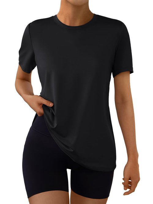 AUTOMET Women's Workout Tops Short Sleeve Gym Shirts Yoga Moisture Wicking Quick Dry Athletic Tshirts for Running Hiking Black M