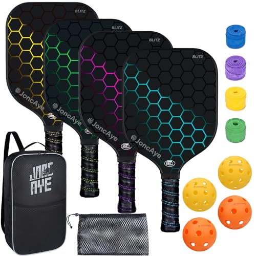 Pickleball Paddle Set - 4 Fiberglass Rackets, 4 Balls, Bag - Blue, Pink, Green, Yellow