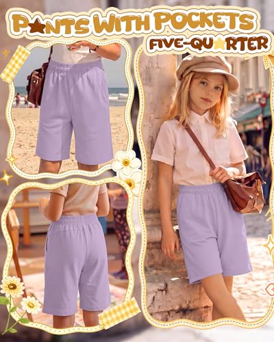 Girls' Athletic Bermuda Shorts - Wide Leg Casual Kids Summer Wear - Light Purple