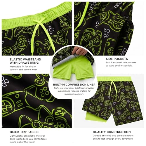 Boys Board Shorts Swim Trunks with Compression Liner - Black Lime Gaming