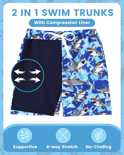 Boys Swim Trunks with Compression Liner - Blue Shark, 6-7 Years