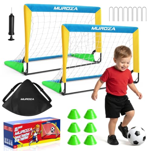 Kids Soccer Goal Set with 2 Goals, Ball, Pump, Cones & Stakes - Blue, Yellow, Green