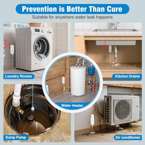 Daytech 3in1 Water Alarm for Basements with 6.5ft Detection Cable Water Sensor for Bathroom Water Leak Detectors for Home RV Kitchen Sump Pump Alarm for Water Heater Washing Machine Sink (2 Pack)