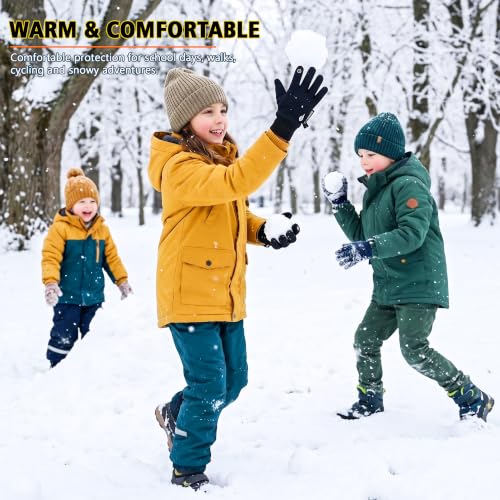 Kids Thermal Cycling Gloves - Windproof Touchscreen Mitts, L (9-10 Years) Black