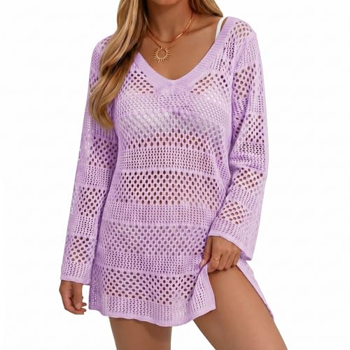 CoCozy Women's Crochet Bikini Cover Up - Split-Light Purple, Beach & Swimwear