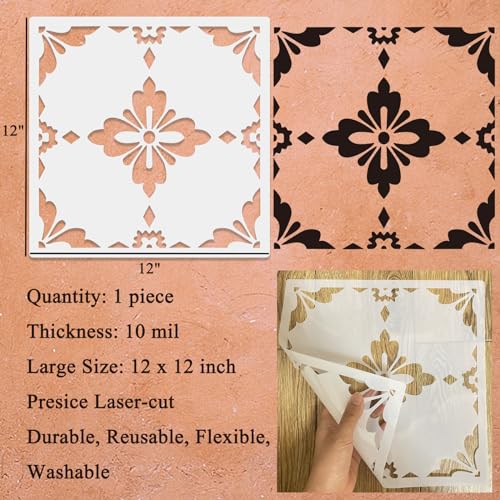 Reusable Floor Tile Stencil 12x12 Inch Large Mandala Stencil Template for Painting Floor, Tile, Concrete, Patio, Walkway, Porch