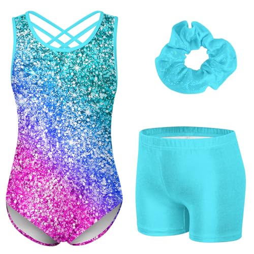 Idgreatim Girls' Shiny Sequin Gymnastics Leotard with Shorts - 6-7 Years, Blue