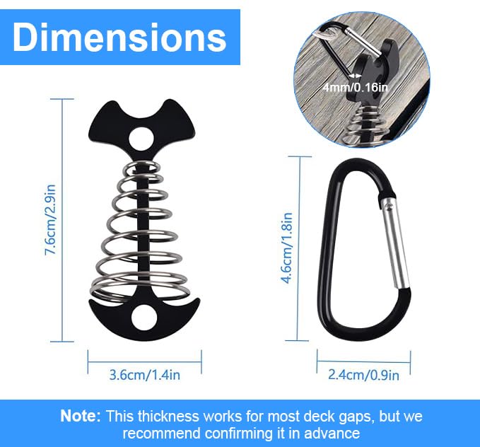 Deck Anchors with Carabiners - 6Pcs Tie Down Rope Tensioner - Black+Carabiner Clips