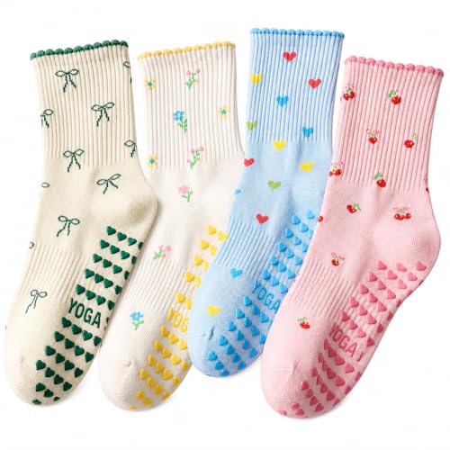 Cute Non-Slip Ruffle Pilates Grippy Socks for Women - Blue, Pink, White, Beige