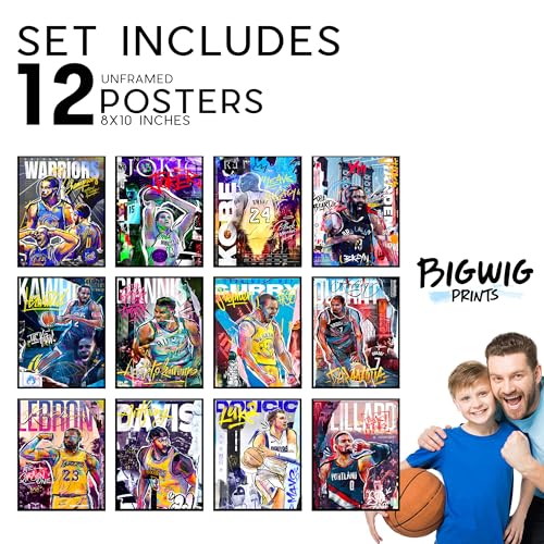 Basketball Posters Set of 12 for Boys Bedroom - Unframed, 8x10 in, Includes Curry, Kobe, LeBron & Warriors - Basketball 2
