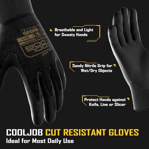 COOLJOB A3 Cut Resistant Safety Work Gloves for Men Women, Black Nitrile Coated Rubber Fishing Gloves Knife Proof, Touchscreen, Extra Hand Protection for Wood Cutting Carving, 3 Pairs Large