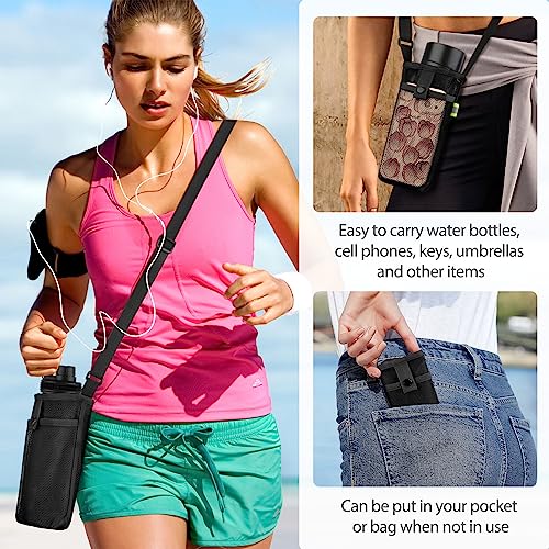 Mesh Water Bottle Holder with Pocket and Strap - Small, Black