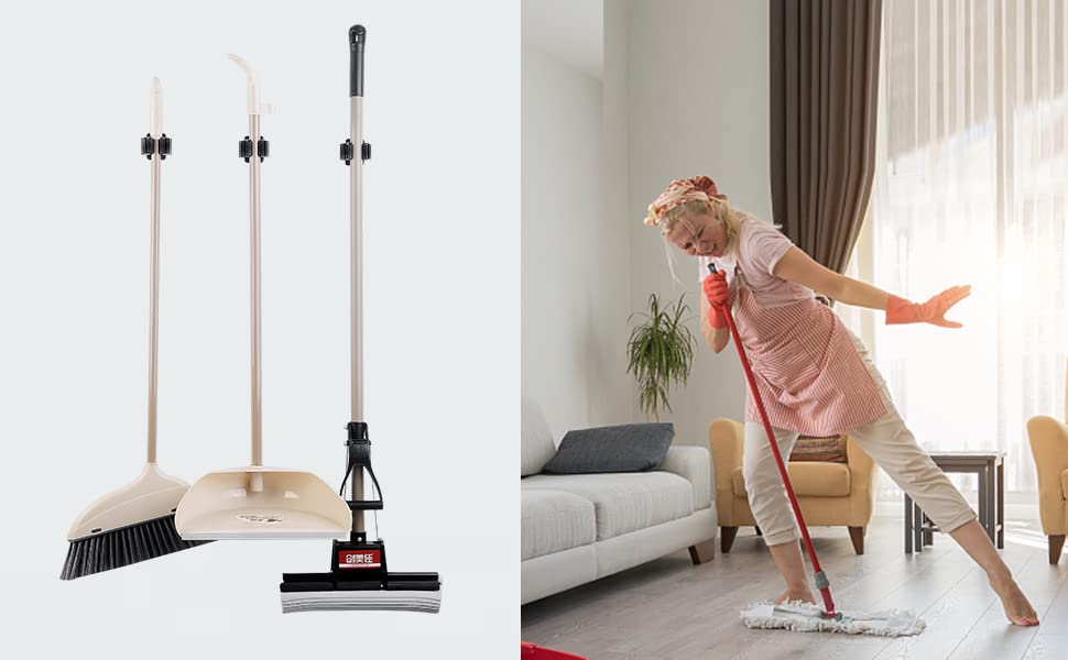 JAMEND CLXP 9PCS Broom and Mop Holder, Heavy Duty Garden Tool Organizer Rack Rake and Shovel Handle, Stainless Steel Mop Hanger. Screws for Wall Mounted. Matte Black