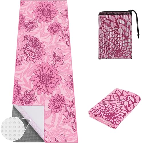 Jooeer Pink Yoga Towel with Corner Pockets 74 x 26 inch for Hot Yoga & Pilates