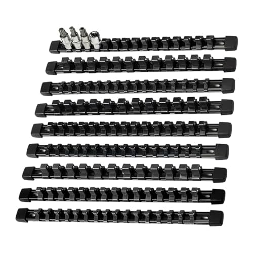 AMM 9-Piece Socket Organizer, 1/2 inch, 3/8 inch and 1/4 inch Drive ABS Tools-Black Socket Holder,Heavy Duty Socket Racks, Premium Quality Socket Clip Rail Holder,The best tool trays in the garage