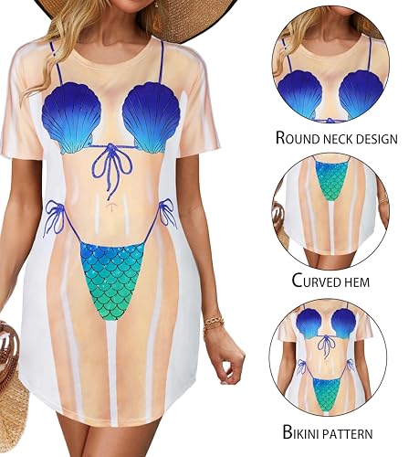 Elescat Women's Blue Shell X-Large Beach Cover Up with Funny Bikini Print