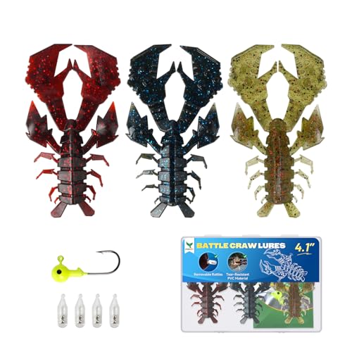 Soft Plastic Crawfish Lures Kit with Removable Rattles - 3 Colors, 4.1 Inch, 3 Pcs