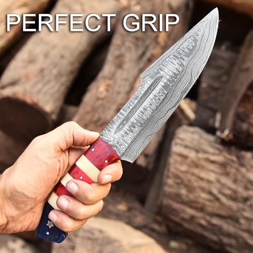 12 Inch Damascus Steel Fixed Blade Hunting Knife with Leather Sheath and American Flag Handle