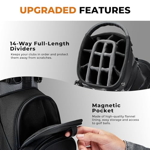 Lightweight 14-Way Golf Stand Bag with Magnetic Pocket - Black