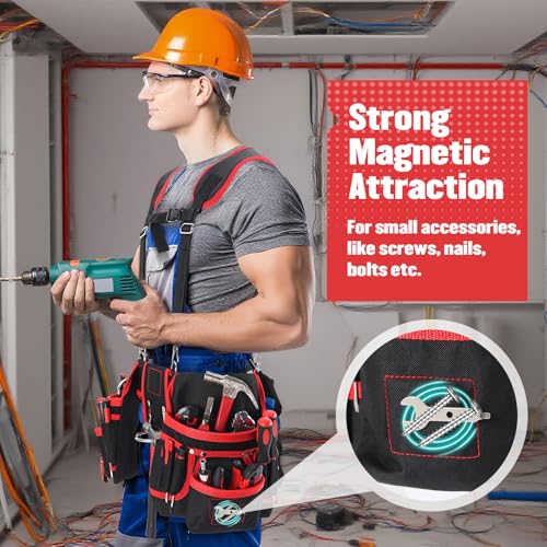 Tool Belt, Professional Tool Belts with Suspenders, Magnetic Tool Pouch for Men, Heavy Duty Detachable Adjustable Work Belt for Electrician, Carpenter, Construction