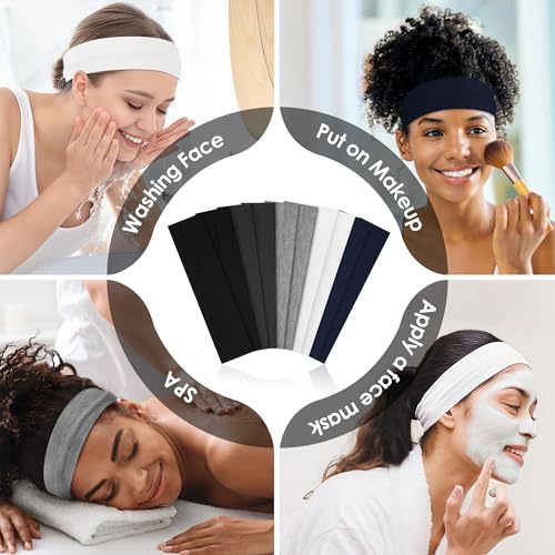 10-Pack Non-Slip Cotton Headbands for Sports & Yoga - Black, Gray, White, Blue