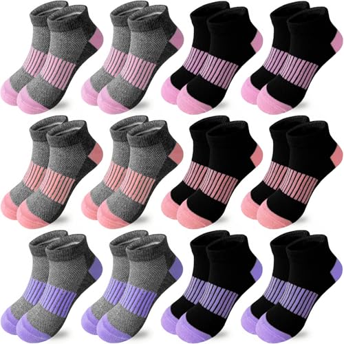 Girls Athletic Ankle Socks 12 Pairs, Black & Grey, 10-14 Years, Low Cut Casual Sportswear