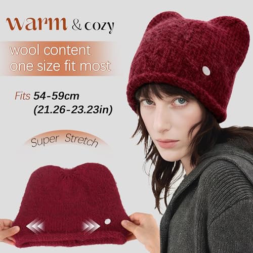 Women's Wool Cat Ear Beanie - Y2K Style Knit Hat - Red