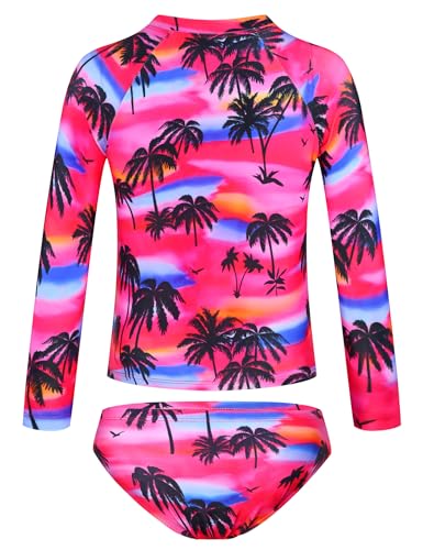 Girls Long Sleeve Rash Guard Swimsuit Set UPF 50+ - Coconut Tree, 9-10 Years