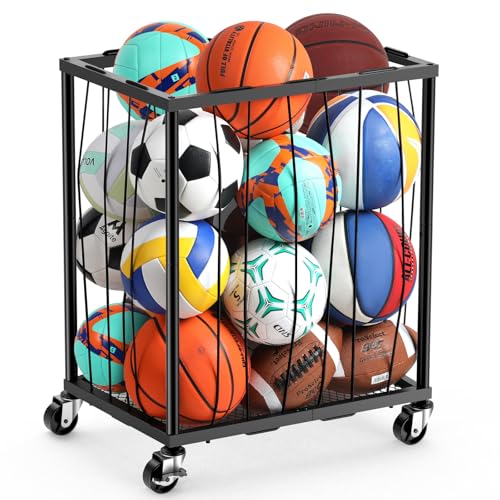 Ball Storage Rack with Rolling Wheels, Holds 12-15 Balls