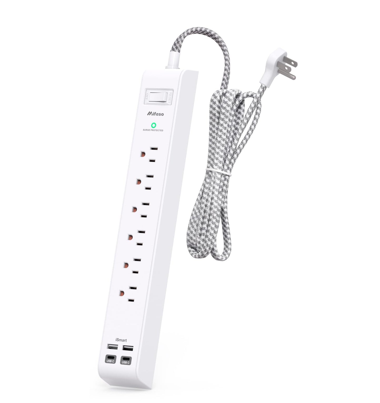 Surge Protector Power Strip - 6 Outlets 4 USB Charging Ports, 5Ft Braided Extension Cord, Flat Plug, Overload Protection, Wall Mount for Home Office, Dorm Room Essentials