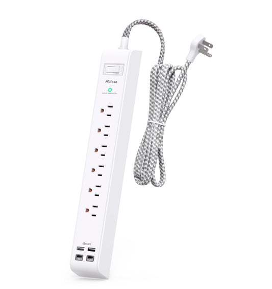 Surge Protector Power Strip - 6 Outlets 4 USB Charging Ports, 5Ft Braided Extension Cord, Flat Plug, Overload Protection, Wall Mount for Home Office, Dorm Room Essentials