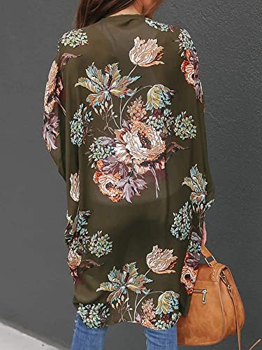 Floral Kimono Duster Cardigan - Short Sleeve Beach Cover Up - Army Green, Small