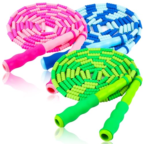 Adjustable Jump Rope for Kids - 9 Ft Soft Beaded - Green, Pink, Blue