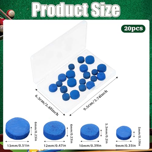 20 High-Quality Billiard Pool Cue Tips with Storage Box - 9mm, 10mm, 12mm, 13mm