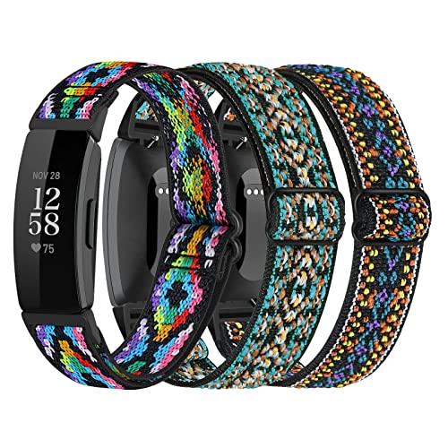 Elastic Nylon Bands for Fitbit Inspire 2 & HR - 3-Pack Boho Green+Purple+Color