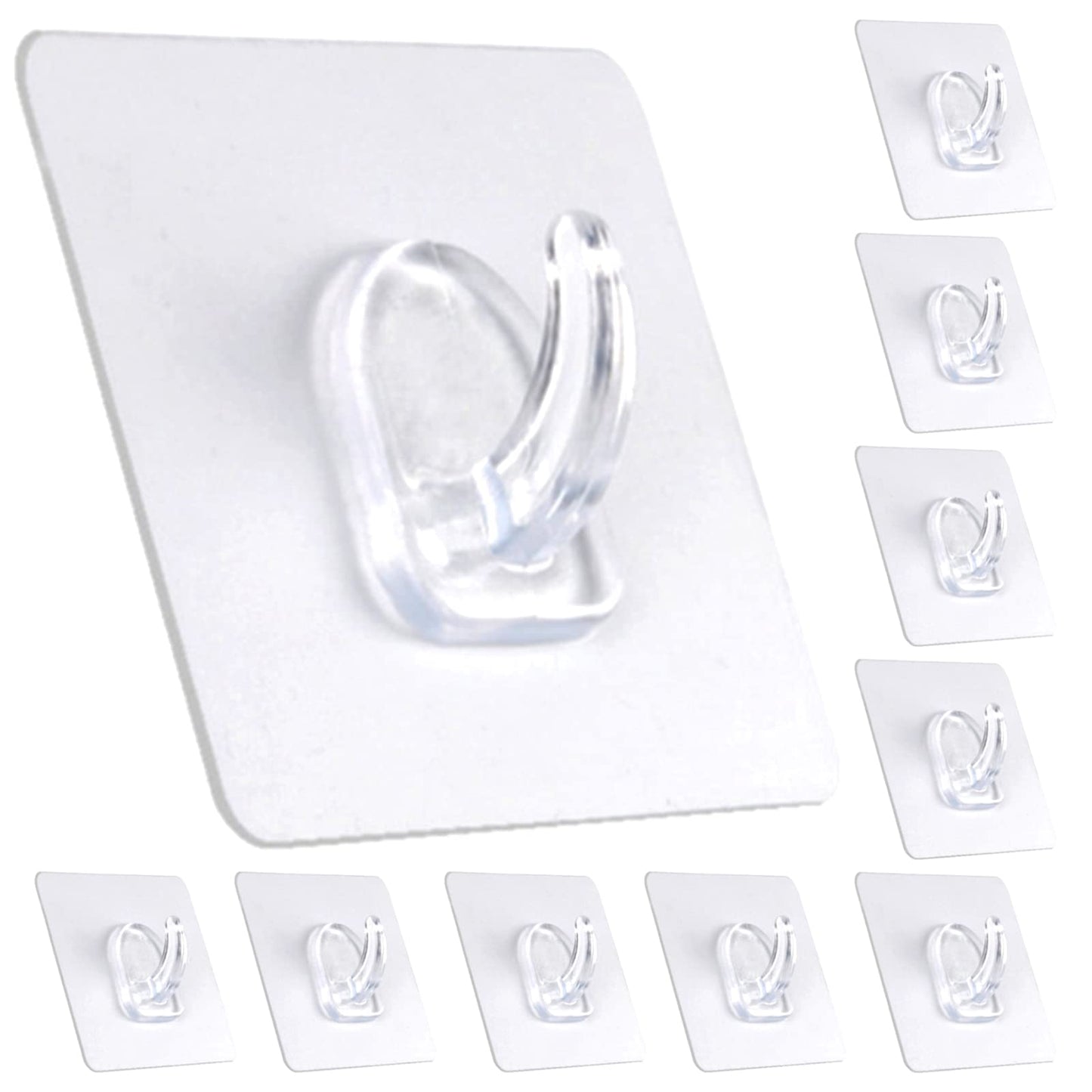 PEYZCNOK Adhesive Hooks, Heavy Duty Utility Hooks 20 lb(Max) Waterproof and Oilproof Removable, Clear Seamless Hooks Reusable Wall Hook for Kitchen Bathroom Bedroom Office - 10 Pack
