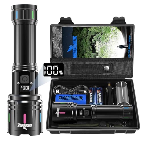 Shadowhawk Flashlights High Lumens Rechargeable - 2000 Lumen 30W Super Bright LED Flash Light with LCD Display, 3937ft Beam & 12H Runtime, Handheld Waterproof Flashlight for Home, Camping, Emergency