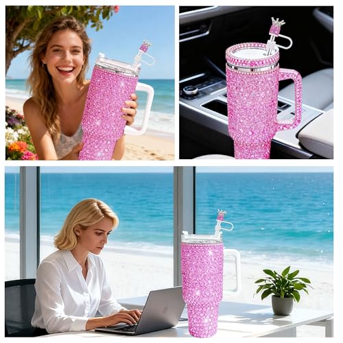 Crown Diamond Straw Toppers for Stanley Cup - Hot Pink Bling Set