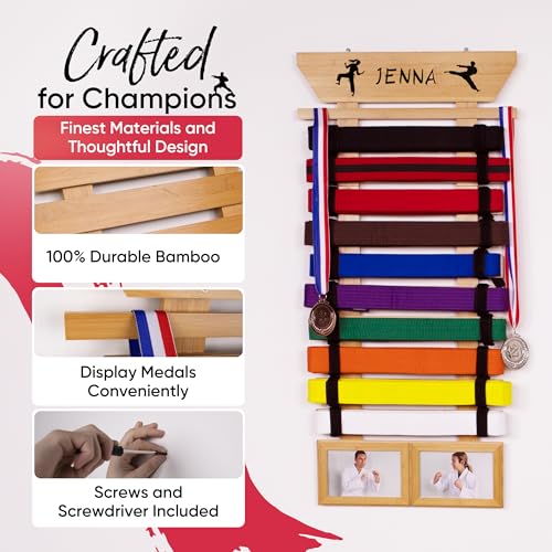Bamboo Karate Belt Display Rack for 10 Belts with Custom Stickers & Hanging Kit - Optimus Depot