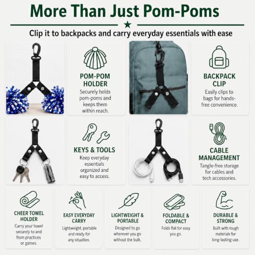 Pom Pom Holder for Backpacks - Snap Closure Hanger for Cheerleaders