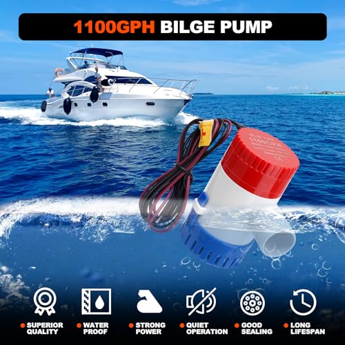 1100 GPH Bilge Water Pump 12V with Plumbing Kit - 1-1/8 Inch Diameter, Filterup