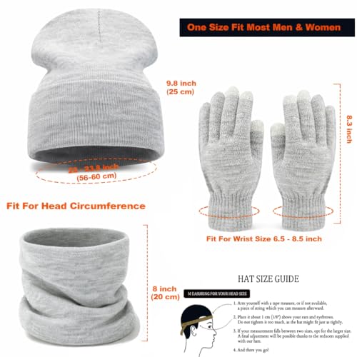 Winter Beanie Hat Neck Warmer Touchscreen Glove Set - Grey