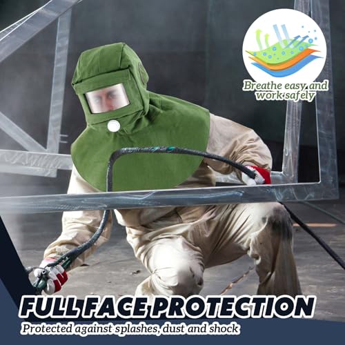 Jecery Sand Blasting Hood Mask with Replacement PC Lens Canvas Shawl Cap for Polishing Painting Dusting Grinding(Green,3 Replacement Lens)