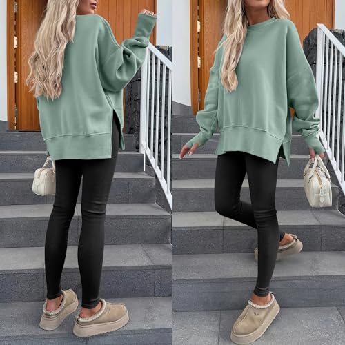 Oversized Fleece Lined Sweatshirt with Thumbhole - Medium Sage Green