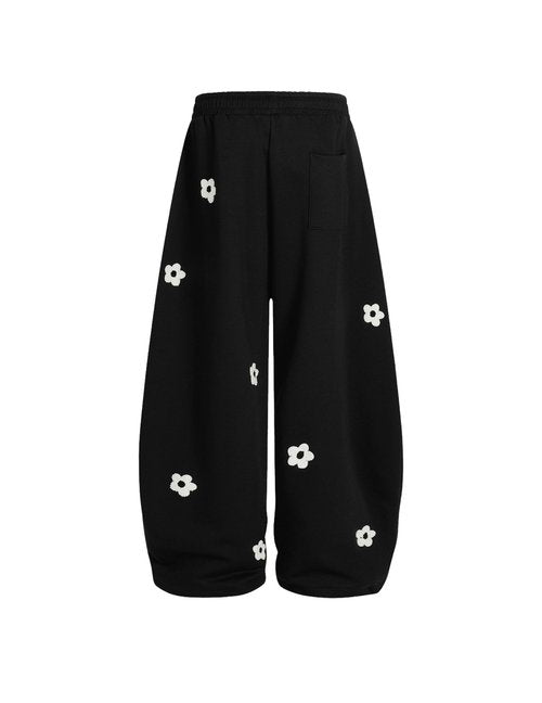 Aelfric Eden Baggy Wide Leg Sweatpants Flower Embroidery Casual Y2K Elastic Drawstring Lantern Barrel Lounge Trouser Pants Black L