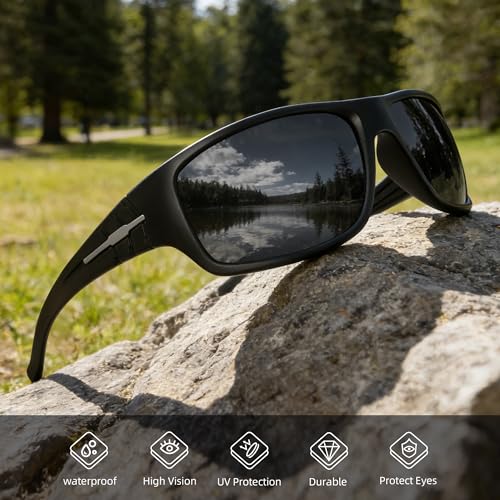 Polarized Sports Sunglasses for Men - Wrap Around UV Protection - A03 Black/Deep Blue