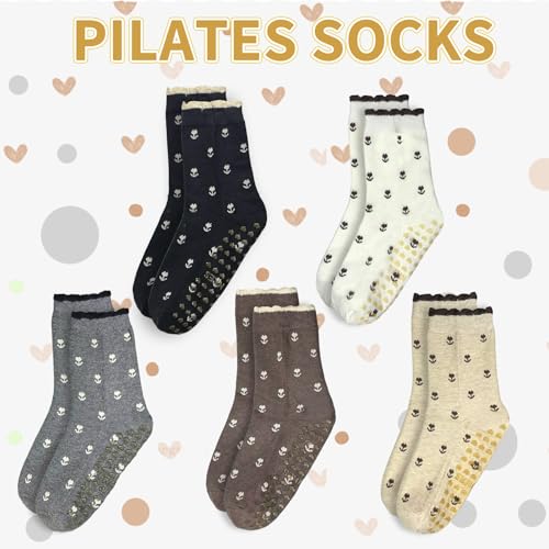 Non-Slip Floral Jacquard Yoga Socks for Women - 3 Pairs, One Size - Black, White, Beige